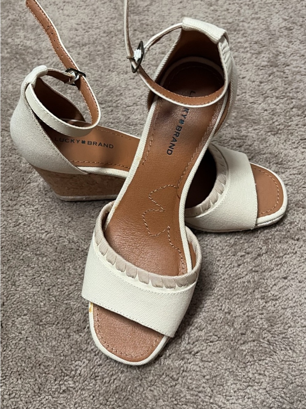 Lucky Brand Cream Canvas Ankle-Strap Wedge Sandals